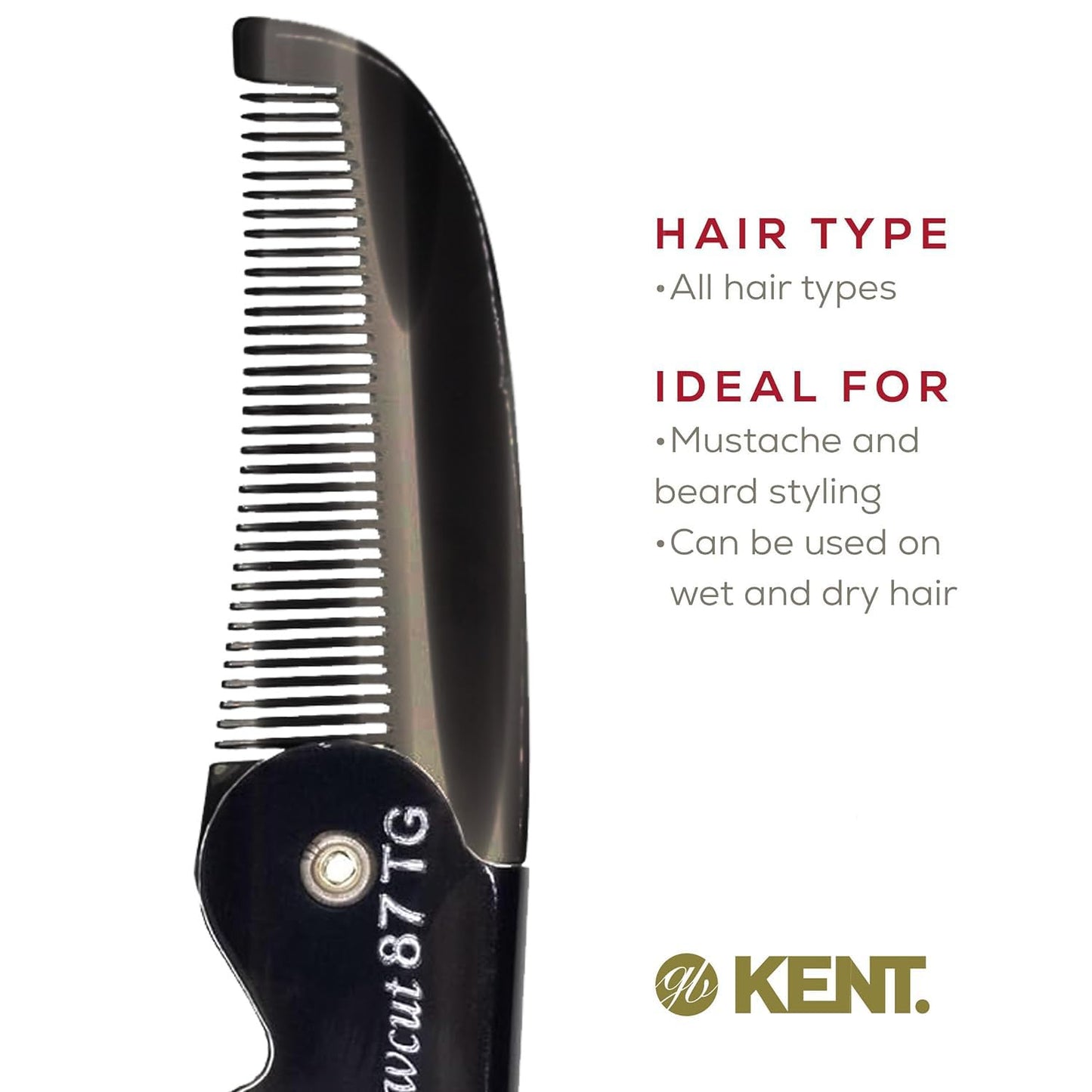 Kent 87T Black Graphite Handmade Folding Pocket Comb for Men, Fine Tooth Hair Comb Straightener for Everyday Grooming Styling Hair, Beard or Mustache, Saw Cut Hand Polished, Made in England