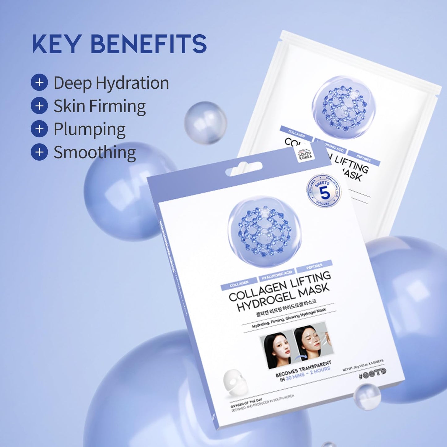 #OOTD Collagen, Hyaluronic Acid & Peptides for Elasticity, Hydration, and Firming. Lifting Hydrogel Sheet Mask - Face Mask (5pcs)