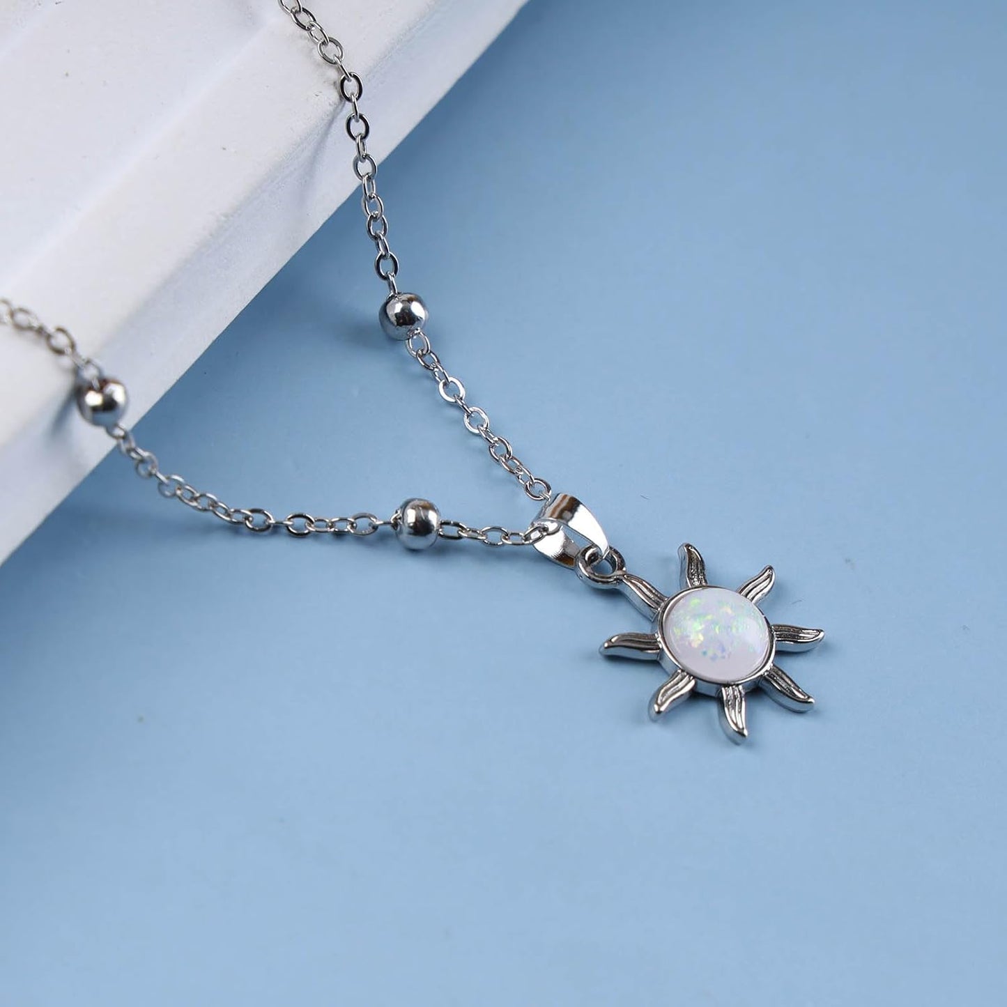 Vintage Opal Crystal Sun Pendent Necklace Opal Sunburst Necklace Moonstone Sun Choker Necklace Gold Ball Chain Necklace Jewelry for Women (Gold)