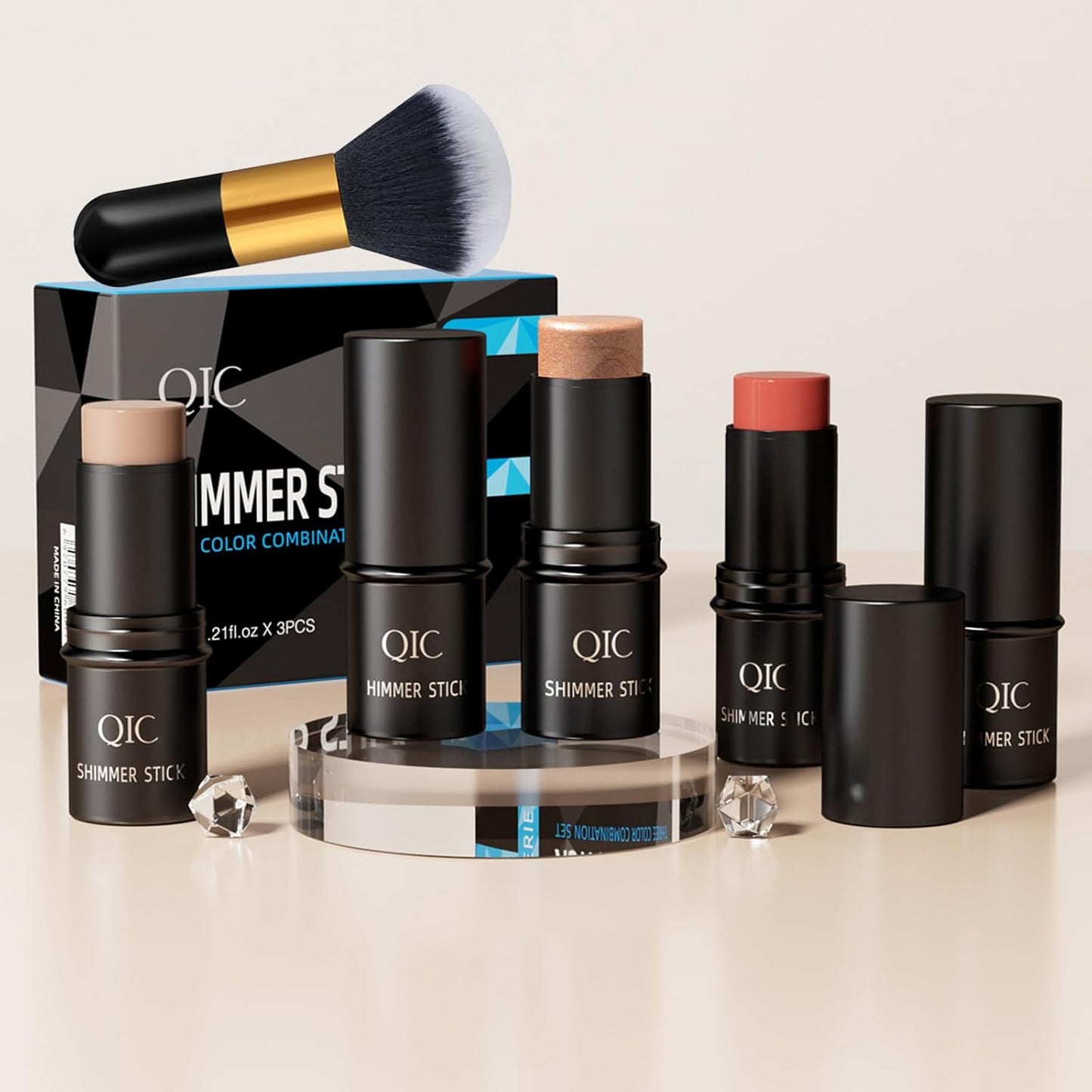 3 Pcs Contour Highlighter Stick Cream Blush for Cheeks Eyes Lips Lightweight Dewy Finish Bronzer Waterproof Long Lasting Contour Stick Trio Wand Face Makeup Set(Send brushes)