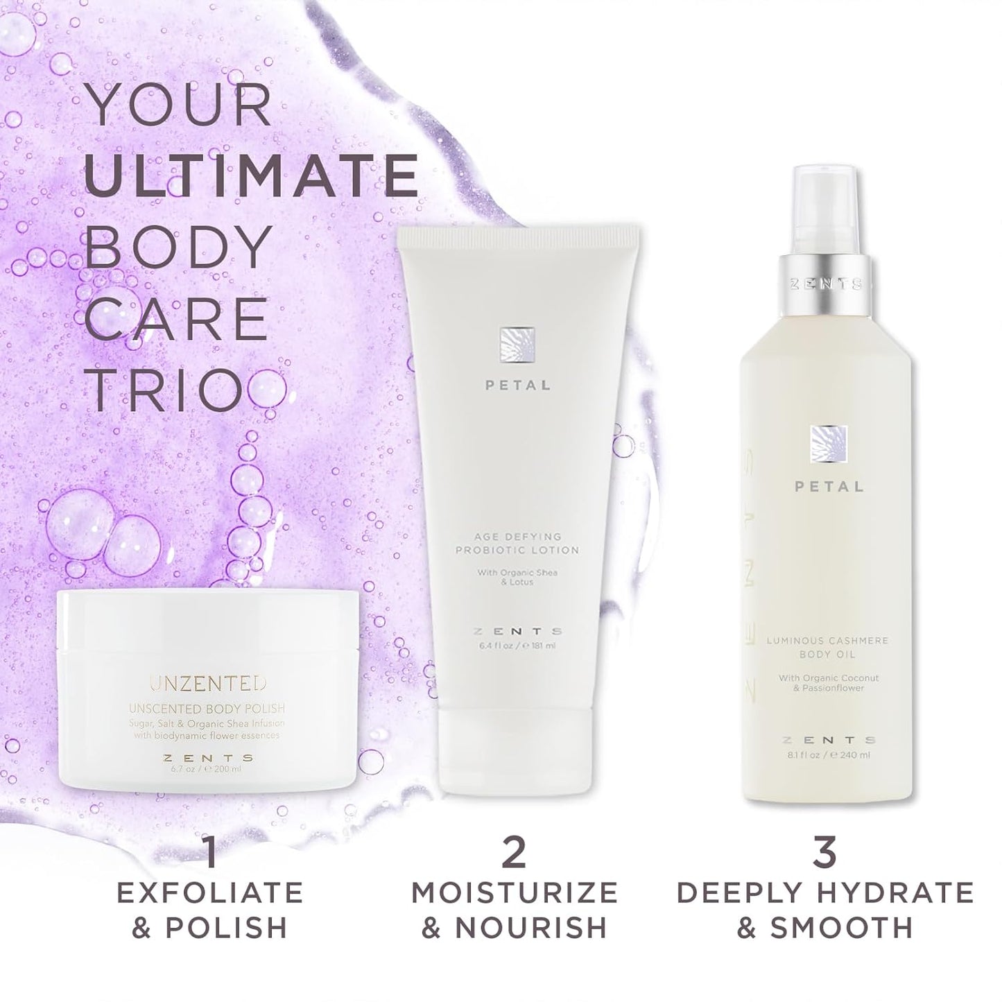 Zents Luminous Cashmere Body Oil (Petal Fragrance) | Moisturizing Body Oil with Vitamin E & Organic Coconut Oil | Softens & Smooths Skin | 8 fl oz