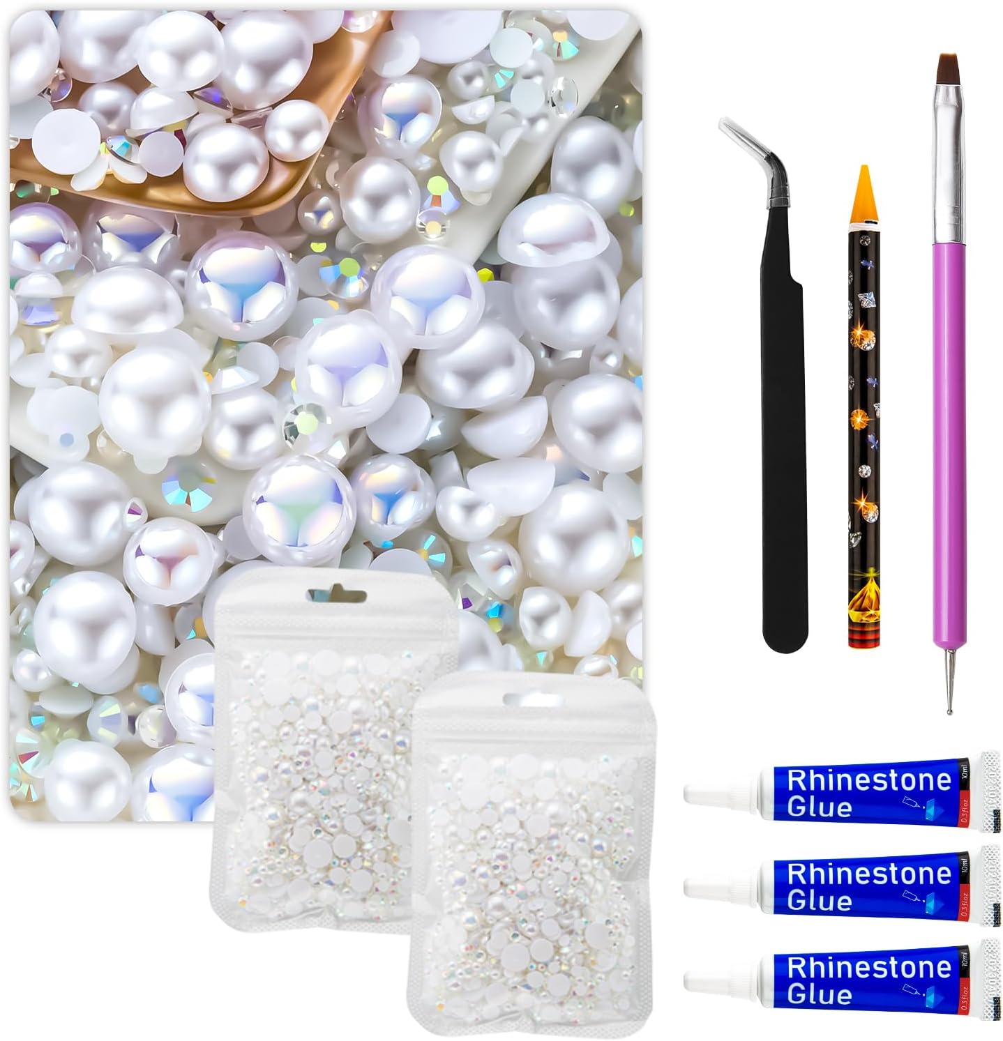 60g White Flat Back Pearls Rhinestones for Crafts Mixed Size 3mm-10mm AB Color Round Half Pearls Flatback Pearl Beads and Resin Rhinestones Set for Face Art with Glue