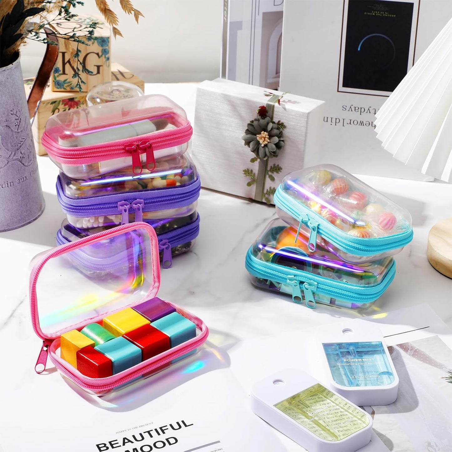 Sanwuta 6 Pcs Clear Hard Zipper Case Pencil Pouches Hard Plastic Zipper Pouches Makeup Bag Transparent Cases for Snacks Plastic Storage Organizer Box for Travel(Holographic,5 x 3 x 2 Inch)