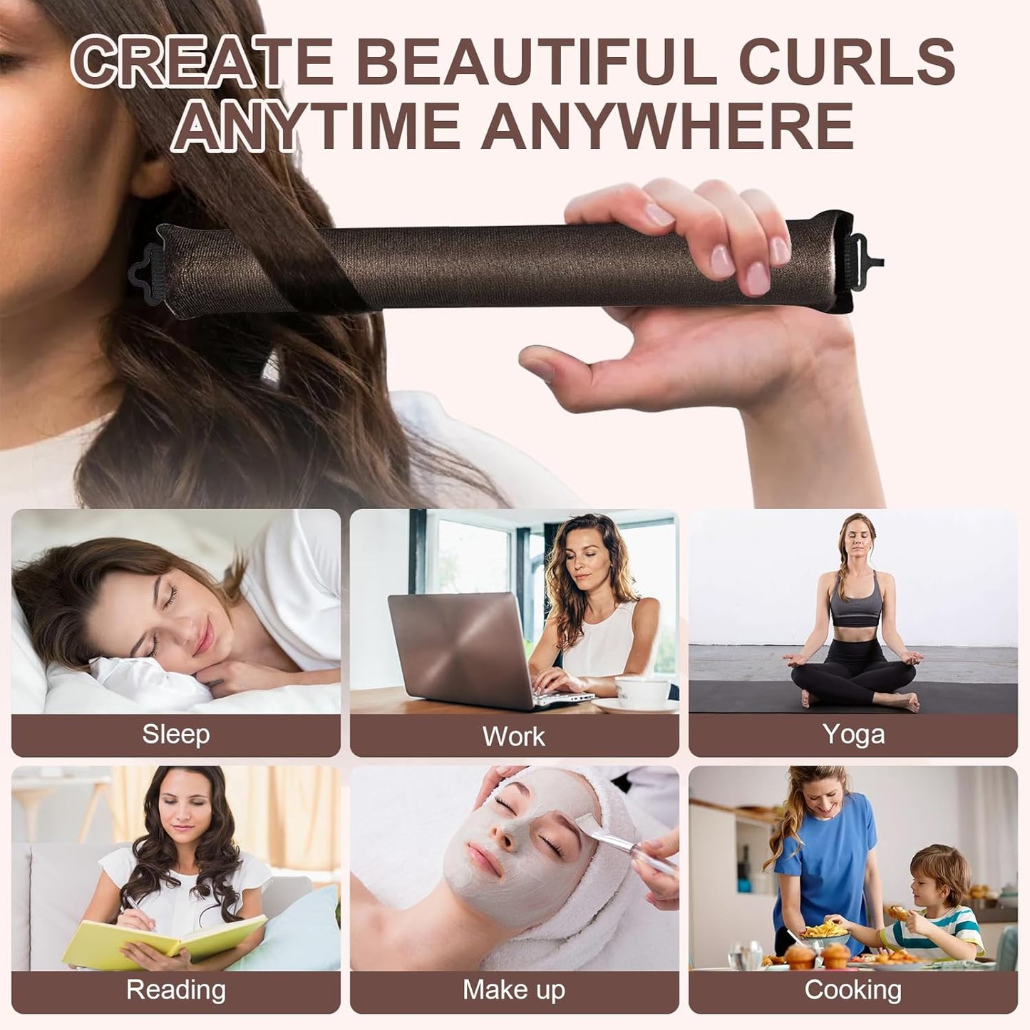 4 PCS Heatless Hair Curler Set - Overnight Use Curling Rods with Silk Scarf for All Hair Types, No Heat Natural Waves Curls without Damage, Brown