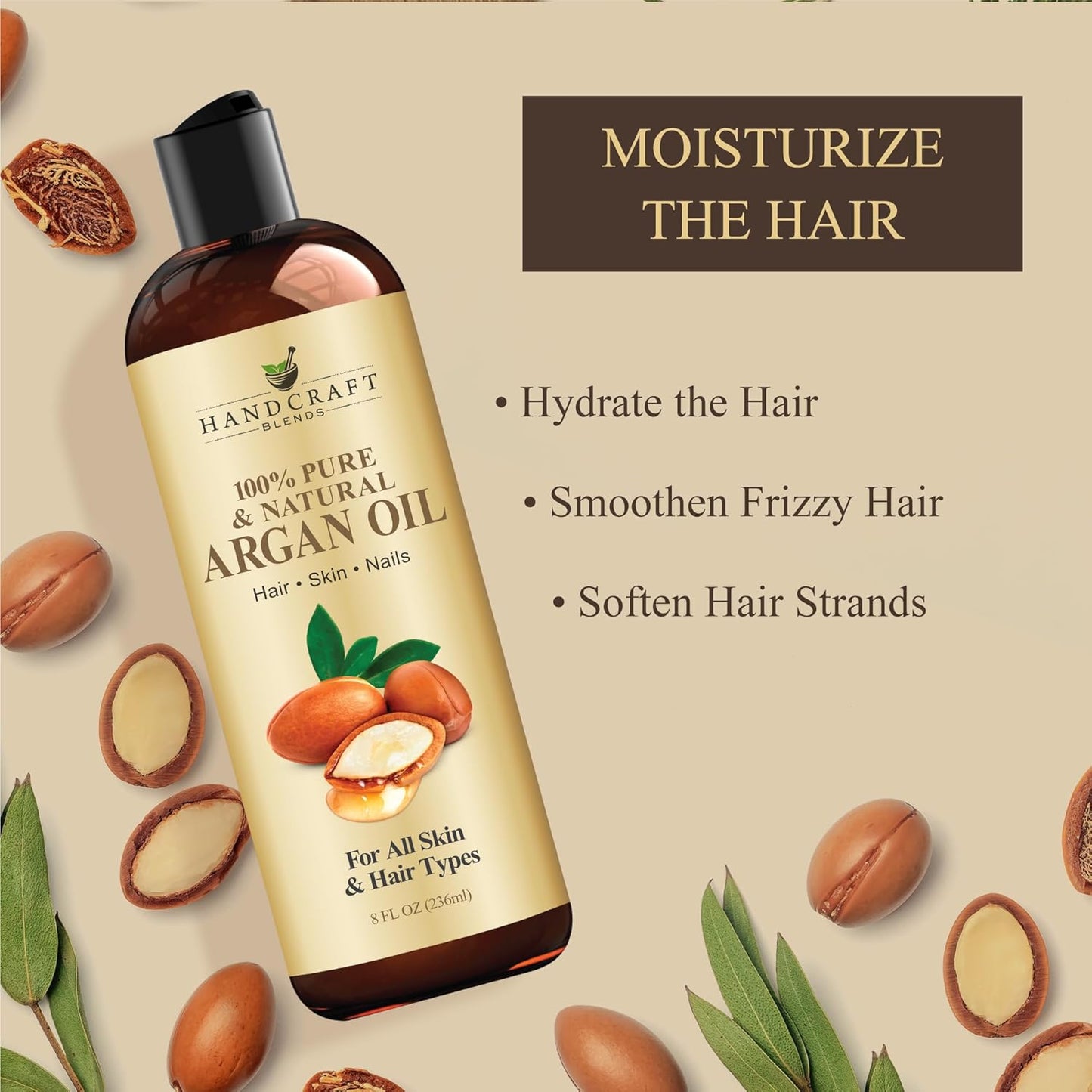 Handcraft Blends Moroccan Argan Oil - 8 Fl Oz - 100% Pure and Natural - Premium Grade Carrier Oil for Skin and Hair - Hair and Body - Massage - Cold-Pressed