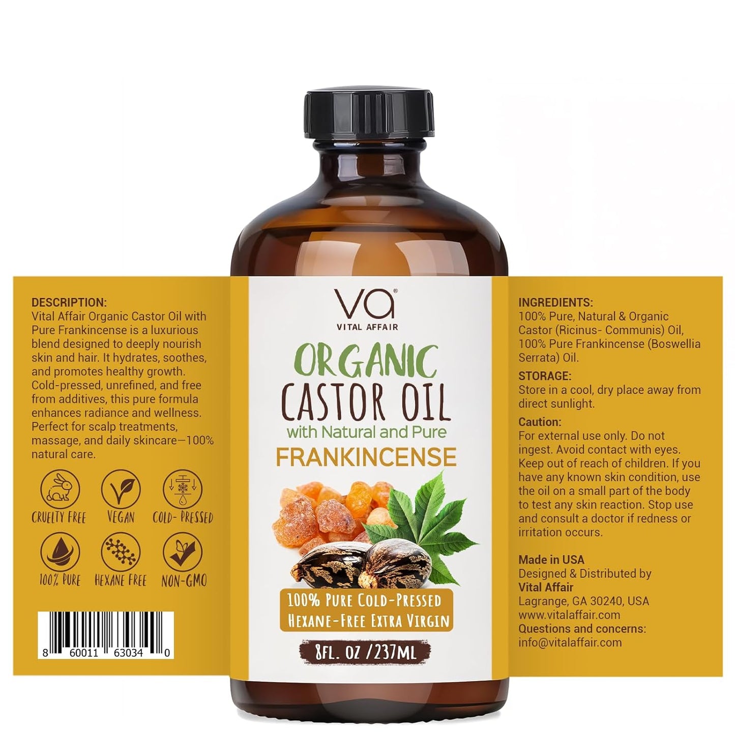 Organic Castor & Frankincense Oil Blend - 100% Pure and Natural, Cold Pressed, Unrefined Glass Bottle Castor and Frankincense Oil For Face & Hair Growth - 8oz