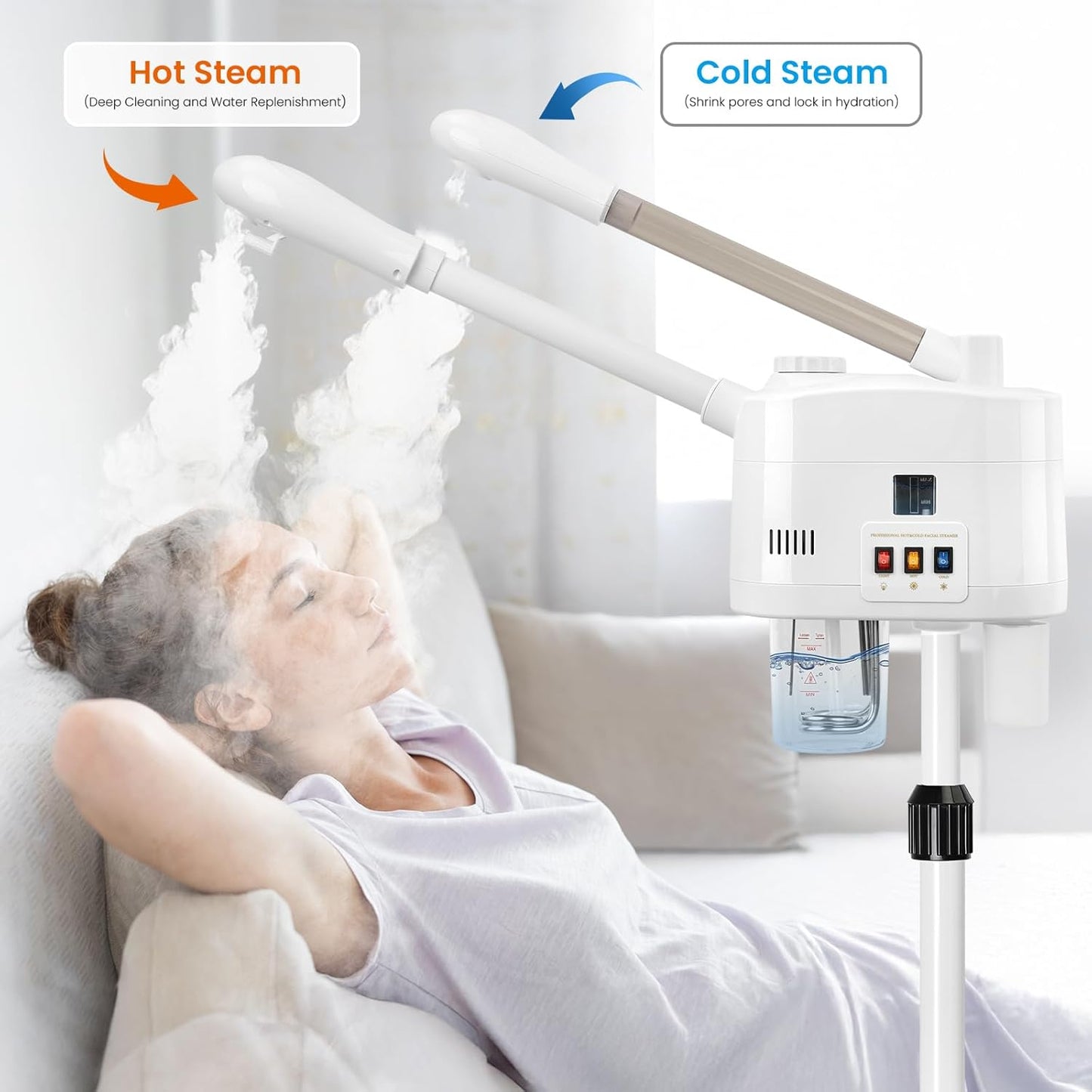 Professional Facial Steamer, 2 in 1 Facial Steamer for Cold Mist & Hot Mist & Timer Function, Stand Face Steamer Adjustable Height for Spa, Salon and at Home use