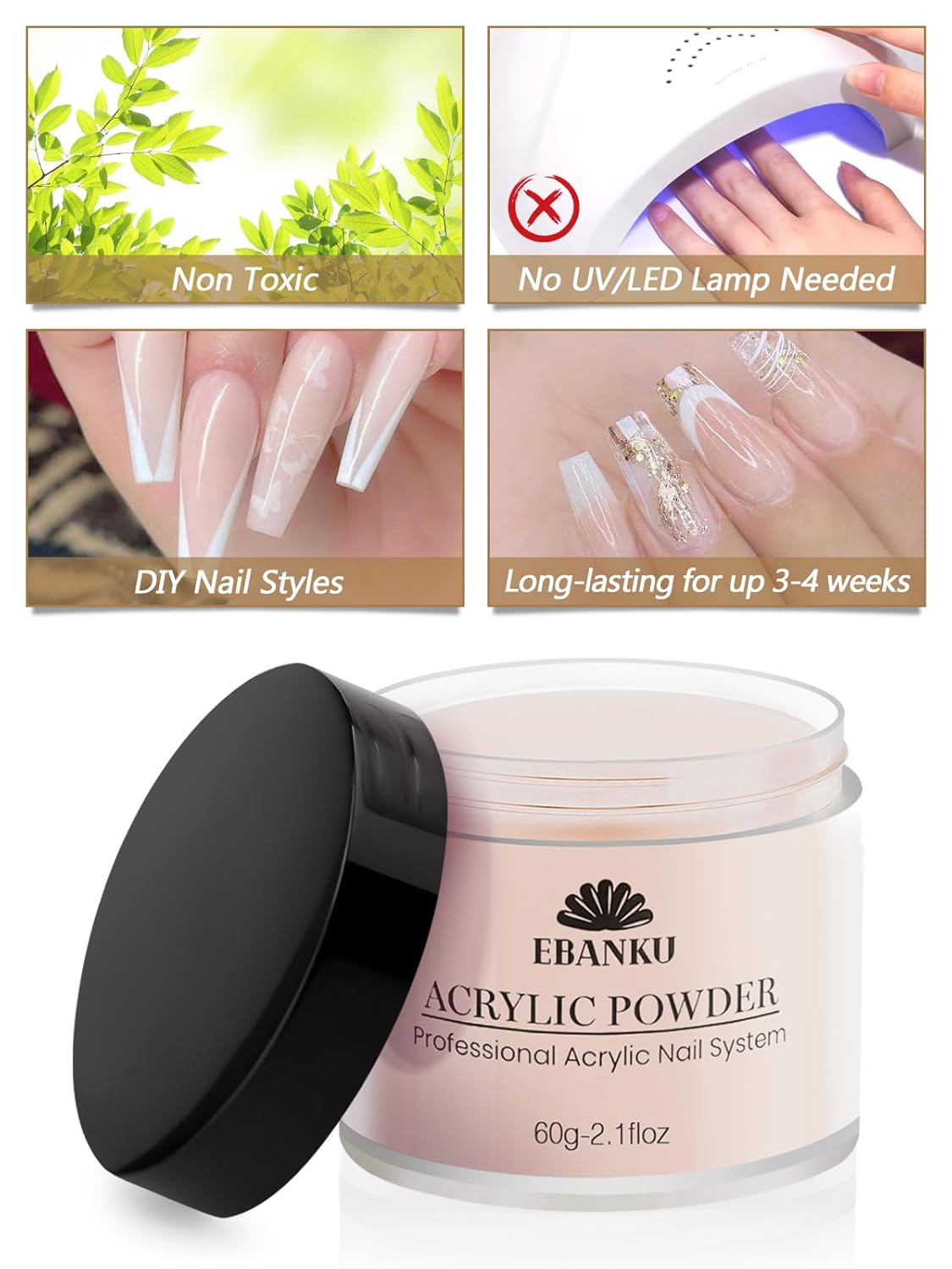 EBANKU Nude Pink Acrylic Powder, 2 * 60g/2.1oz Acrylic Powder Large Capacity Professional Acrylic Nail Powder for Nail Acrylic Extension, Nail Carving, Long-Lasting, No Nail Lamp Needed