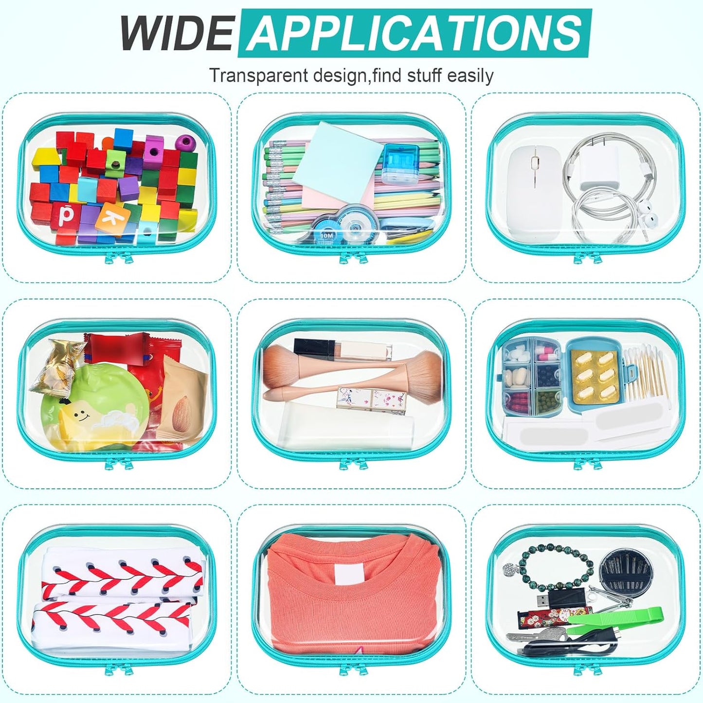 Sanwuta 6 Pcs Clear Hard Zipper Case Pencil Pouches Hard Plastic Zipper Pouches Makeup Bag Transparent Cases for Snacks Plastic Storage Organizer Box for Travel(Teal,7.87 x 5.9 x 2 Inch)