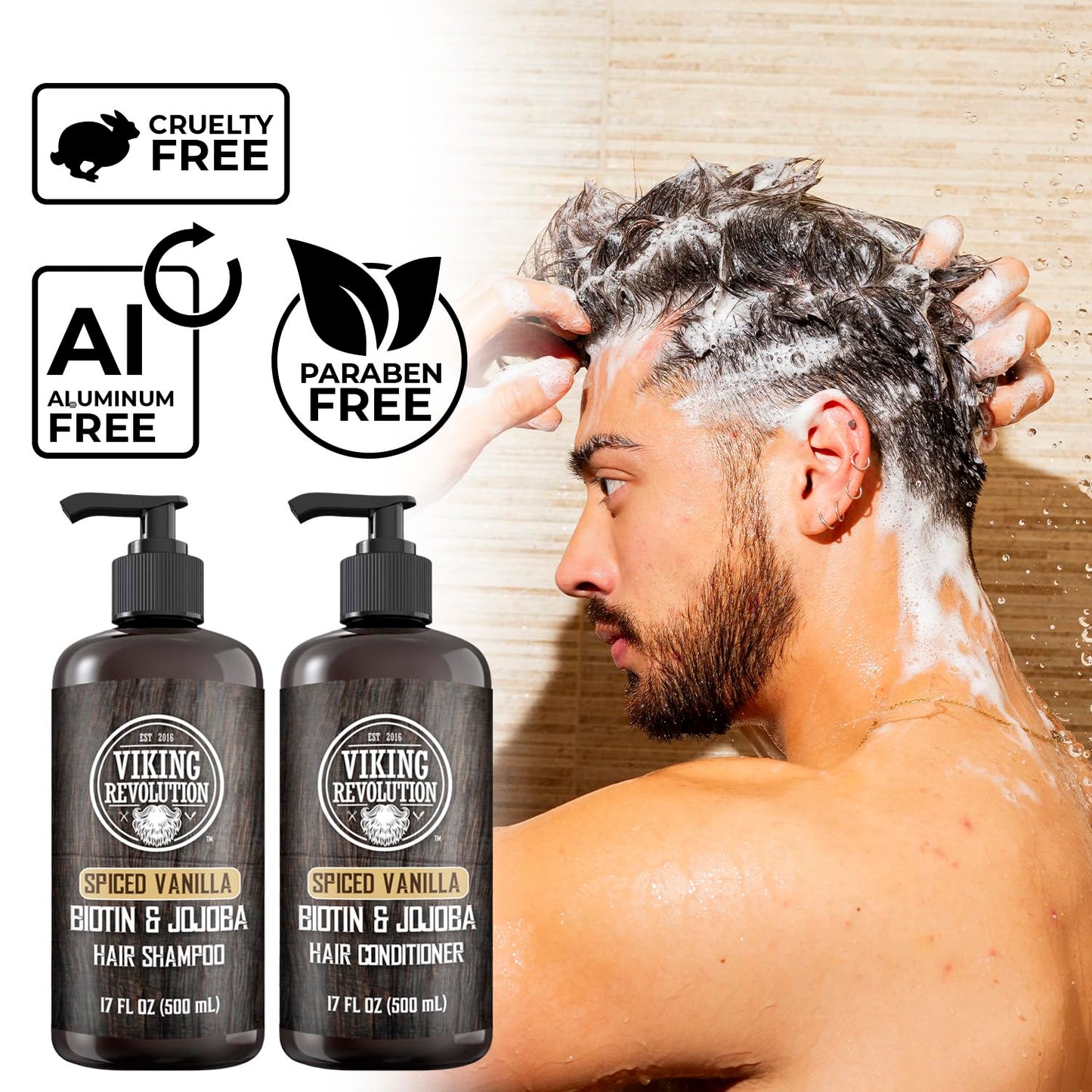 Viking Revolution Spiced Vanilla Mens Shampoo and Conditioner Set with Biotin and Jojoba Oil - Natural Hair Shampoo and Hair Conditioner for Men with Vitamin B5 - Mens Shampoo for Thinning Hair (17Oz)