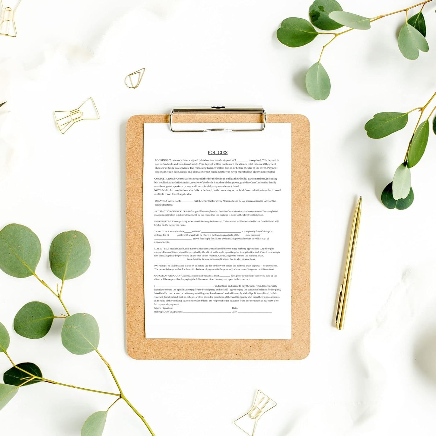 Bridal Makeup Service Contract | 100 Pack | 8.5 x 11" A1 Forms | Makeup Artist Supplies | Bridal Contract | White and Pink Forms