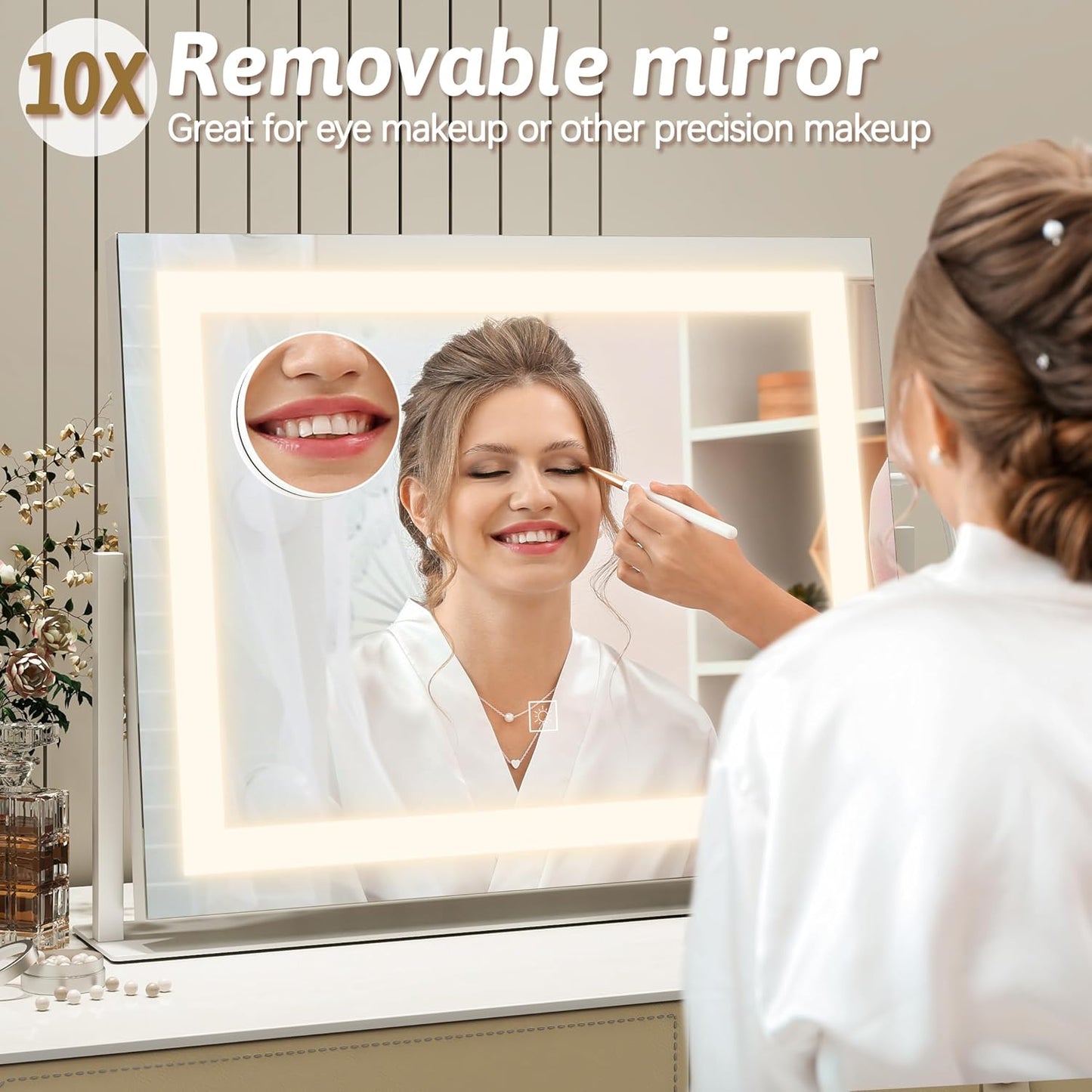 Vanity Mirror with Lights 22"x18", Lighted Makeup Mirror with 10X Magnification, Smart Touch 3 Colors Dimmable, 360° Rotation, Women Gift, Dresser Mount, Bathroom (White)