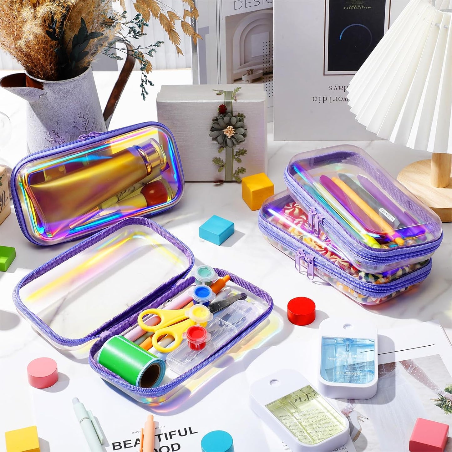Hoolerry 4 Pcs Hard Clear Zipper Case Makeup Bags Plastic Pencil Pouch Transparent Storage Box Containers for Cosmetics, Snacks, Building Blocks, Puzzles(Purple Laser,7.5 x 3.9 x 2 in)