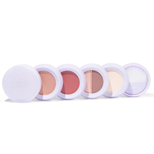Subtl Beauty 4-in-1 travel makeup kit by subtl staks | eyeshadow duo, shine control powder, cream highlighter, lip and cheek | includes mirror lid and mini brush | stackable makeup designed for travel