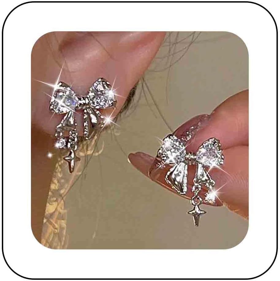 Vintage Crystal Bow Earrings Black Onyx Stud Earrings Silver Tiny Cross Drop Earrings Sparkly Cz Rhinestone Bow Earrings Jewelry for Women