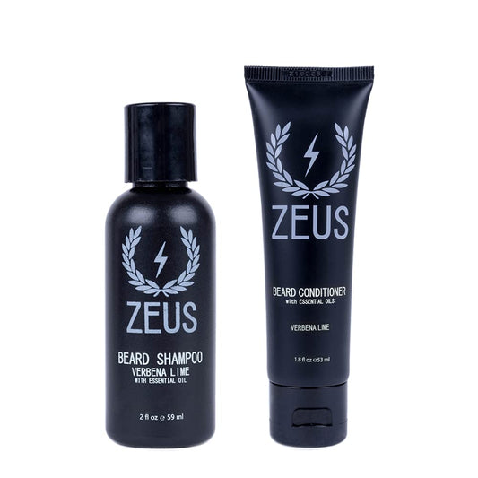 ZEUS Travel Beard Shampoo & Conditioner Combo for Men, Grooming Set with Green Tea & Essential Oils, Softens, Hydrates & Moisturizes Facial Hair (Made in USA) Verbena Lime