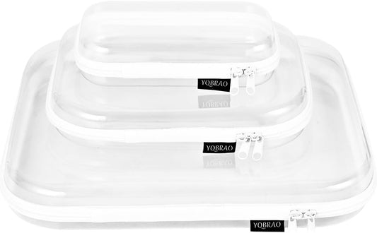 Hard Sided Clear Zipper Case for Storage- Professional-Grade Plastic Clear Zipper Pencil Case,Toy Storage Bins, Toiletry Pouch, Travel Organizer, Cosmetic Bag（White,3 Pack, LMS）