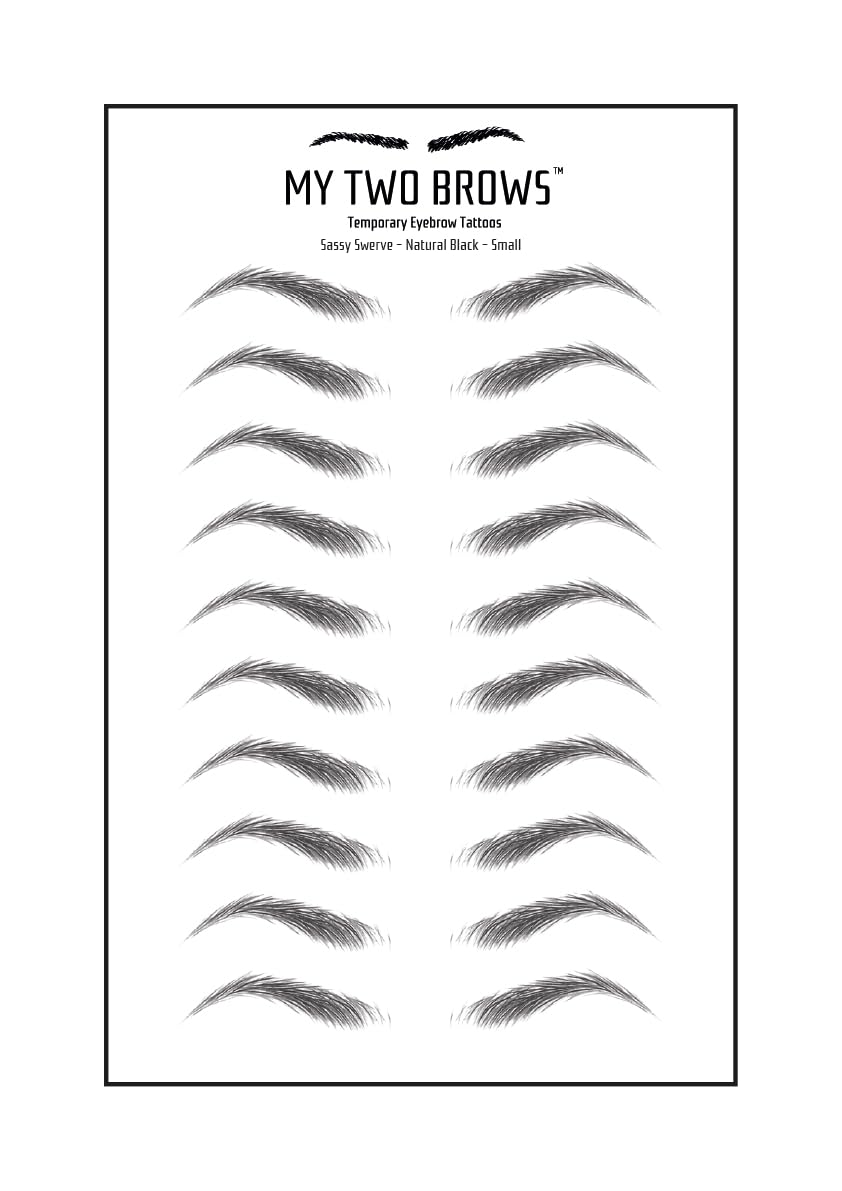 (10 pairs) Natural Black Temporary Eyebrow Tattoo - Small Size - Waterproof & Smudgeproof - Sassy Swerve Style Eyebrow Stickers - Sheet Lasts up to 30 Days - Won't Work on Existing Brows