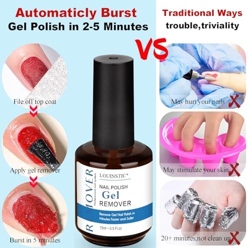 LOUINSTIC 2×15 ml Easy & Quick Gel Nail Remover Kit – Professional Gentle Acetone-Free Gel Polish Remover for Nails in 2–5 Minutes, No Soak or Foil, Includes Nail File – Home DIY Manicure & Travel