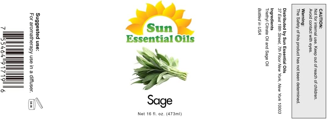 Sun Essential Oils – Sage Essential Oil 16 oz for Diffuser, Skin, Aromatherapy Massage, Humidifier, Herbaceous Scent for Candle, Lotion & Soap Making, Room Fragrance