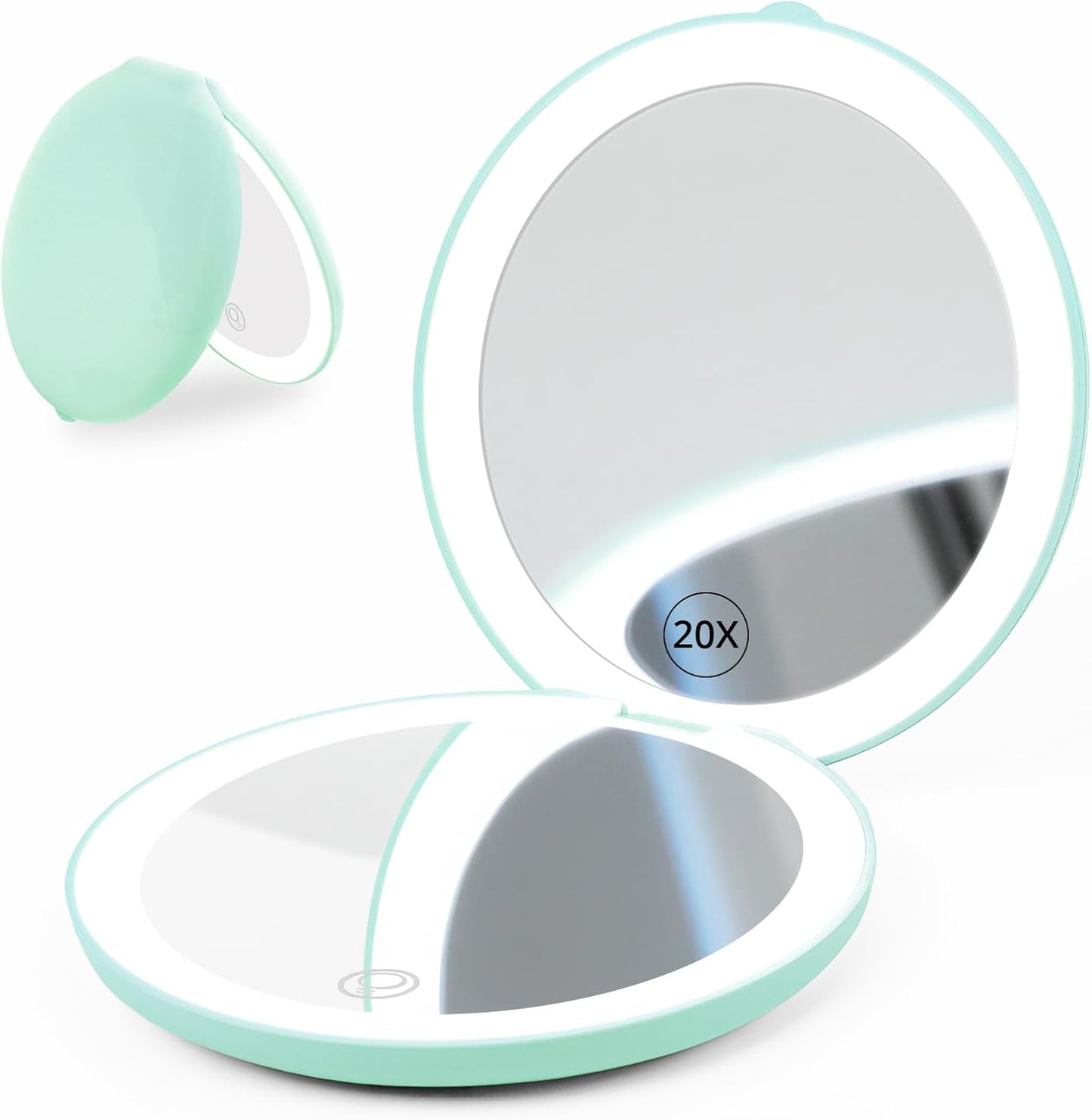 Fabuday Travel Compact Magnifying Makeup Mirror with Lights - Large 4.8'' Wide Led Lighted Portable Mirror with 1x/20x Magnification, Rechargeable Small Foldable 3 Color Lighting Mirrors, Cyan
