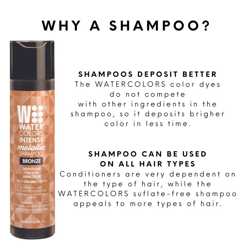 Watercolors by Tressa INTENSE METALLIC 3-in-1 Color Depositing Shampoo, Semi Permanent Hair Color, Hair Dye Shampoo for Curly, Dry, and Normal Hair, 8 fl oz - BRONZE