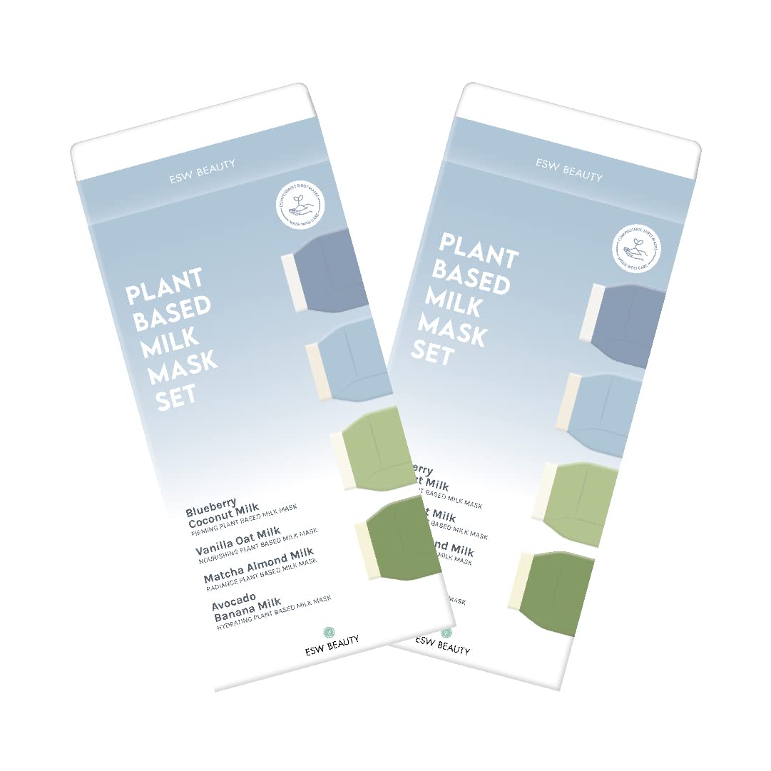ESW Beauty Plant-Based Milk Face Masks - 8-Pack Skincare Set - Hydrating, Radiance, Firming & Soothing with Avocado, Matcha, Blueberry, Vanilla & Oat Extracts for All Skin Types