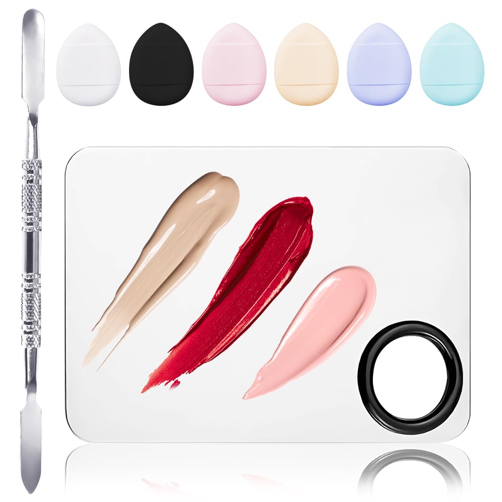 Makeup Mixing Palettes, Makeup Palette with 6PCS Mini Powder Puff, Foundation Palette with Makeup Spatula, Stainless Steel Nail Art Palette Set, For Makeup Pigment Blending