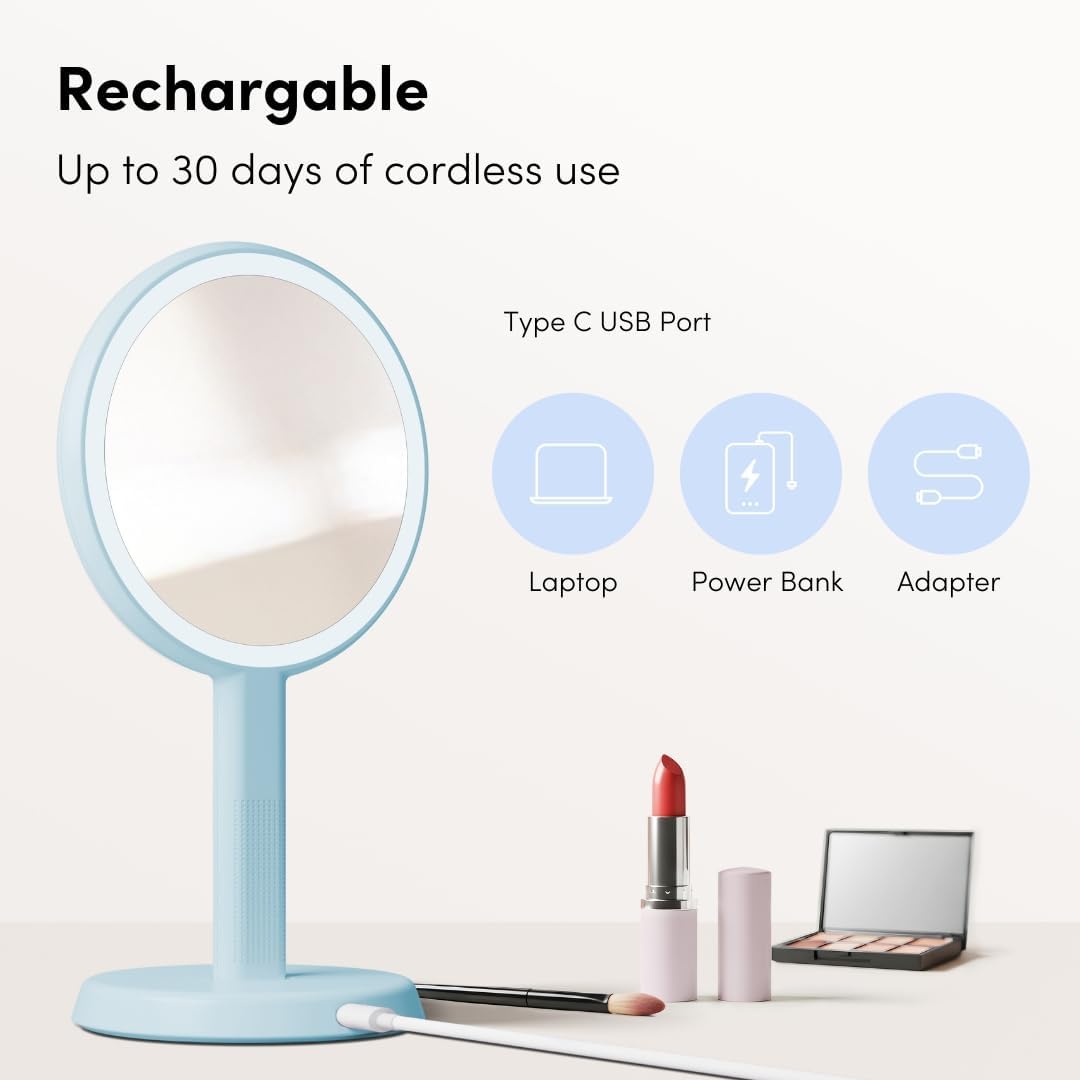 Fancii Cami Handheld Travel Makeup Mirror with Lights, Rechargeable, Extra Large, Double Sided 5X / 1X Magnifying Mirror - 3 Color Lighting, Handheld or Vanity (Blue Fluff)