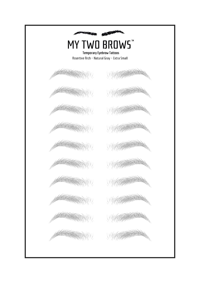 (10 pairs) Natural Gray Temporary Eyebrow Tattoo - Extra Small Size - Waterproof & Smudgeproof - Assertive Arch Style Eyebrow Stickers - Sheet Lasts up to 30 Days - Won't Work on Existing Brows