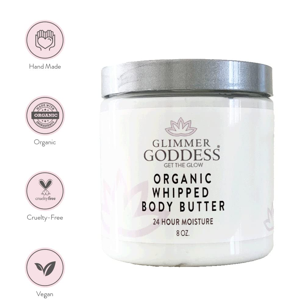 Glimmer Goddess Organic Whipped Body Butter for Women - Moisturizer Cream with Shea & Cocoa Butter, Almonds & Coconut Oil - Frankinsense & Myrhh, 8oz