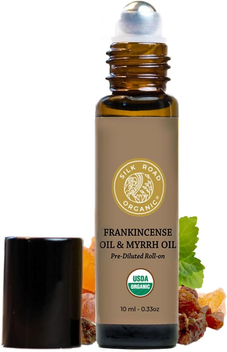 Silk Road Organic Frankincense Oil & Myrrh Essential Oil Roll On, 100% Pure USDA Certified Aromatherapy for Body Aches, Stiffness & Tingling, Stress Relief, & Skin - 10 ml Roller