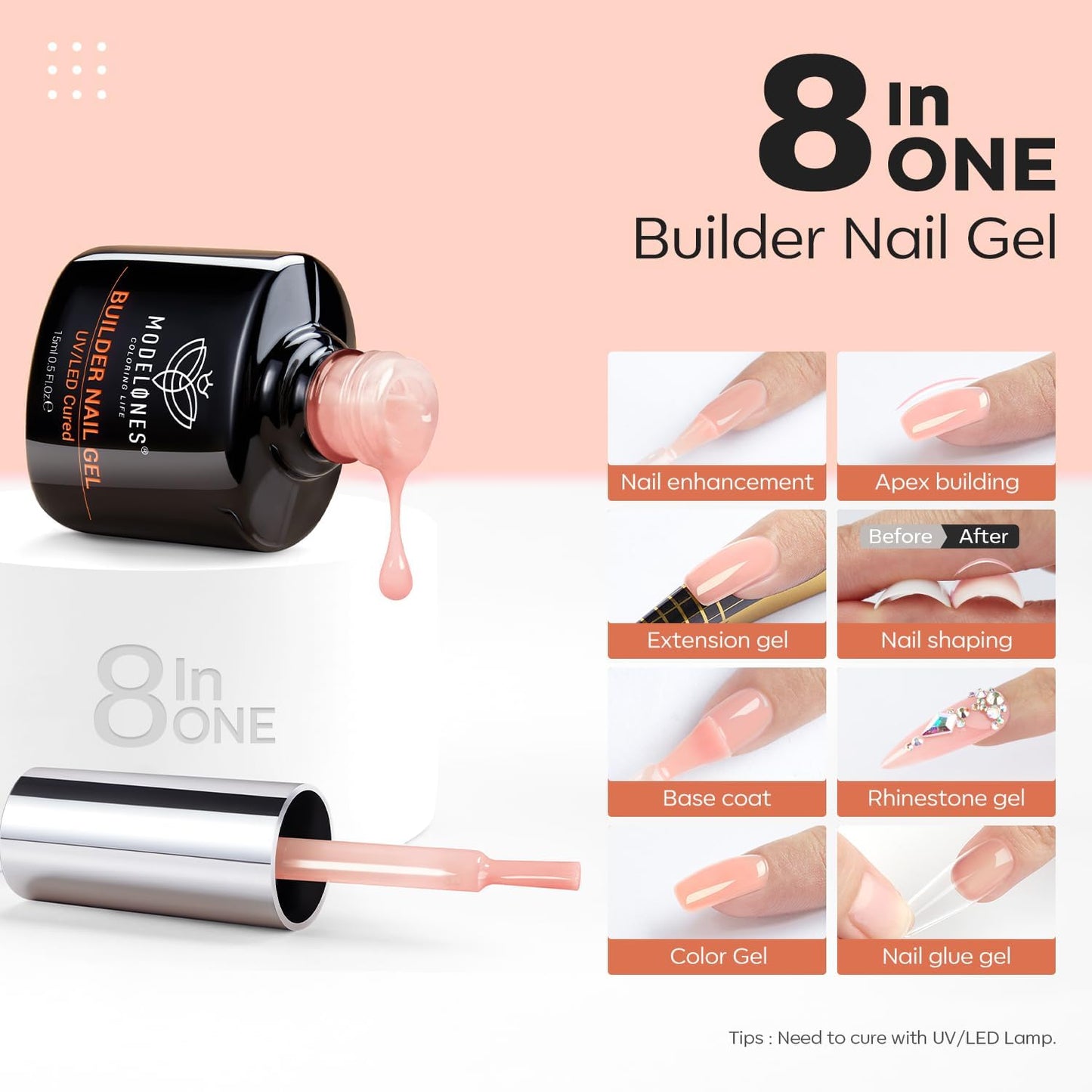 modelones Builder Nail Gel, 8-in-One Sheer Nude Pink Builder, Apricot Blush Pink Rubber Base for Nail Thickening Apex Building LED Lamp Cured Hard Strengthener Extend Color Gel Polish for DIY Salon