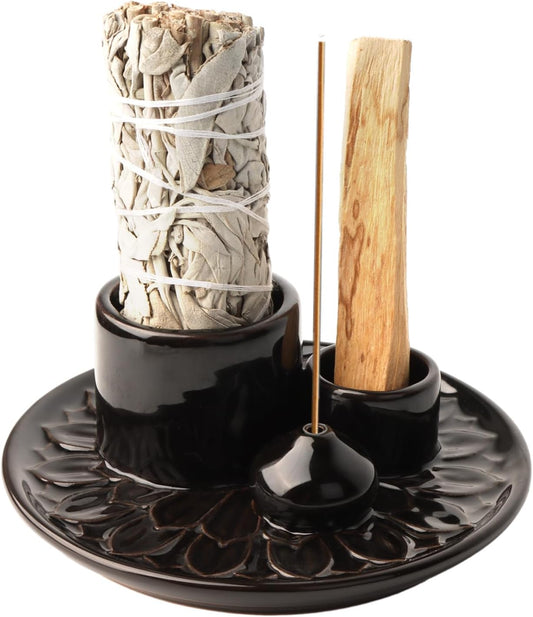 Palo Santo Holder - 4 in 1 Incense & Candle Holder - Ceramic Incense Holder Ash Catcher Tray for Meditation Room - Easy to Clean