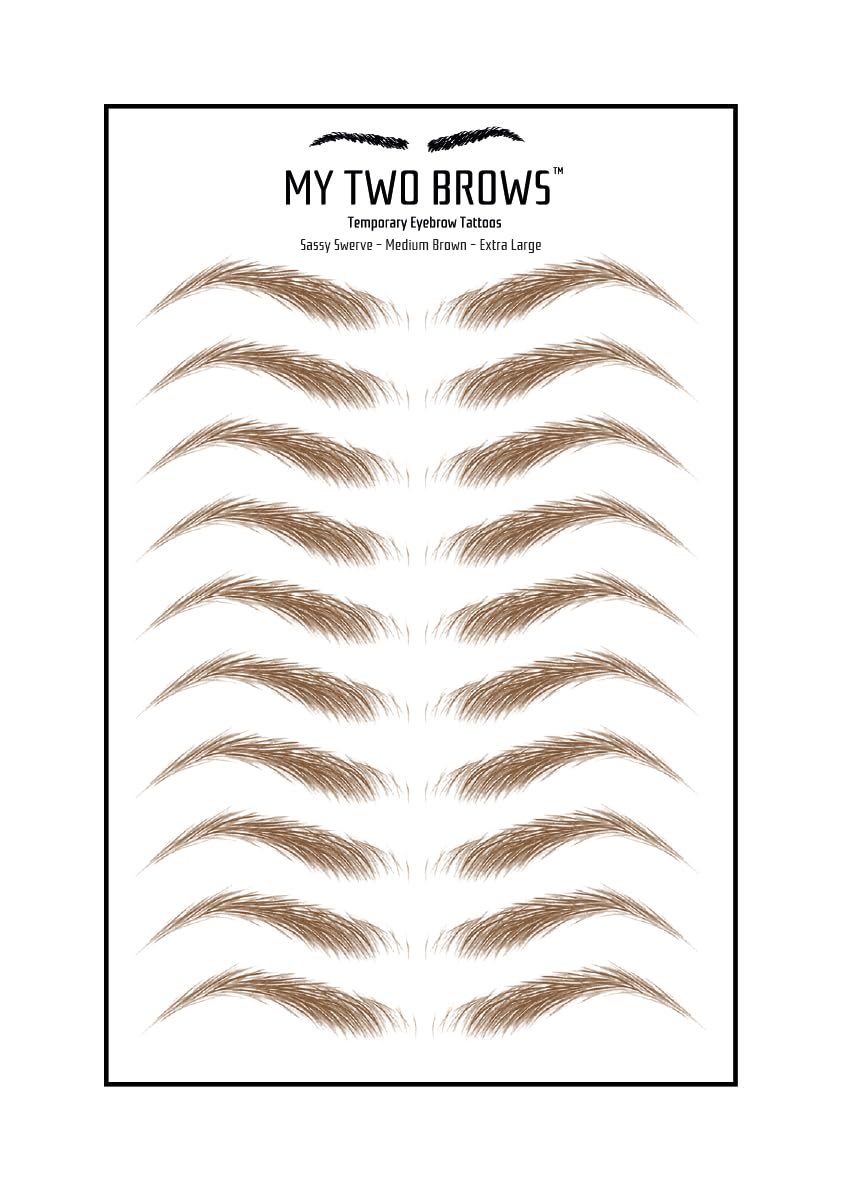 (10 pairs) Medium Brown Temporary Eyebrow Tattoo - Extra Large Size - Waterproof & Smudgeproof - Sassy Swerve Style Eyebrow Stickers - Sheet Lasts up to 30 Days - Won't Work on Existing Brows