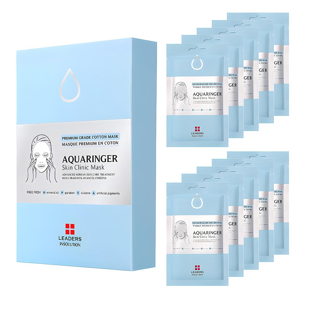 Leaders Insolution Aquaringer Skin Clinic Mask | Intense Hydration Treatment Mask with Swiss Glacial Water & Power Peptides | Moisturizing & Firming for Dry Skin, Fine Lines (10 Sheets)
