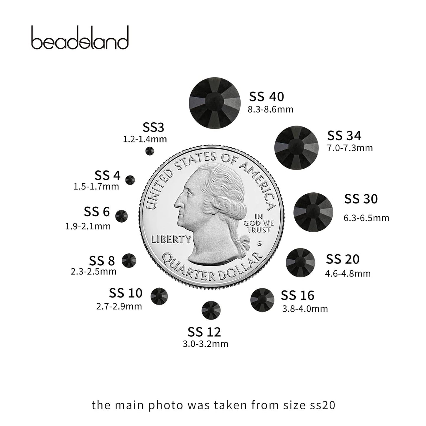 beadsland Flat Back Crystal Rhinestones Round Gems, Black (2.7-2.8mm) SS10/1440pcs