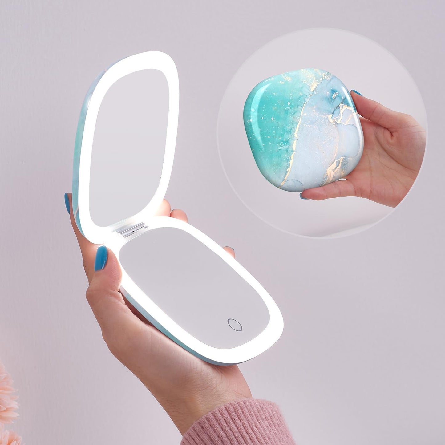Mocado Compact LED Travel Makeup Mirror - 4 Inches 1X/10X Magnification Travel Mirror with Light Dimmable Double Sides Lighted USB Rechargeable Compact Mirror for Purse,Pocket,Travel(Blue Marble)