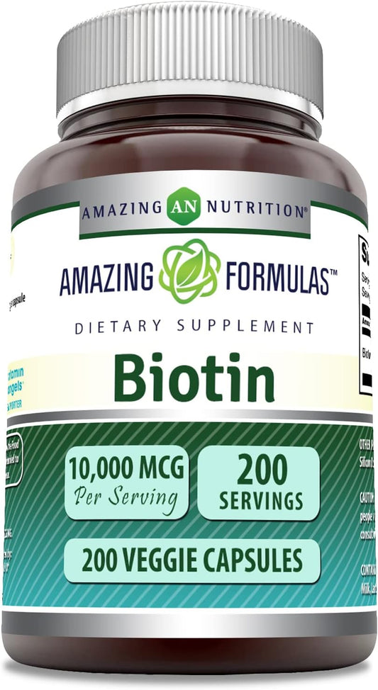 Amazing Formulas Biotin 10,000 Mcg Supplement | 200 Veggie Capsules | Non-GMO | Gluten-Free | Made in USA | Suitable for Vegetarians