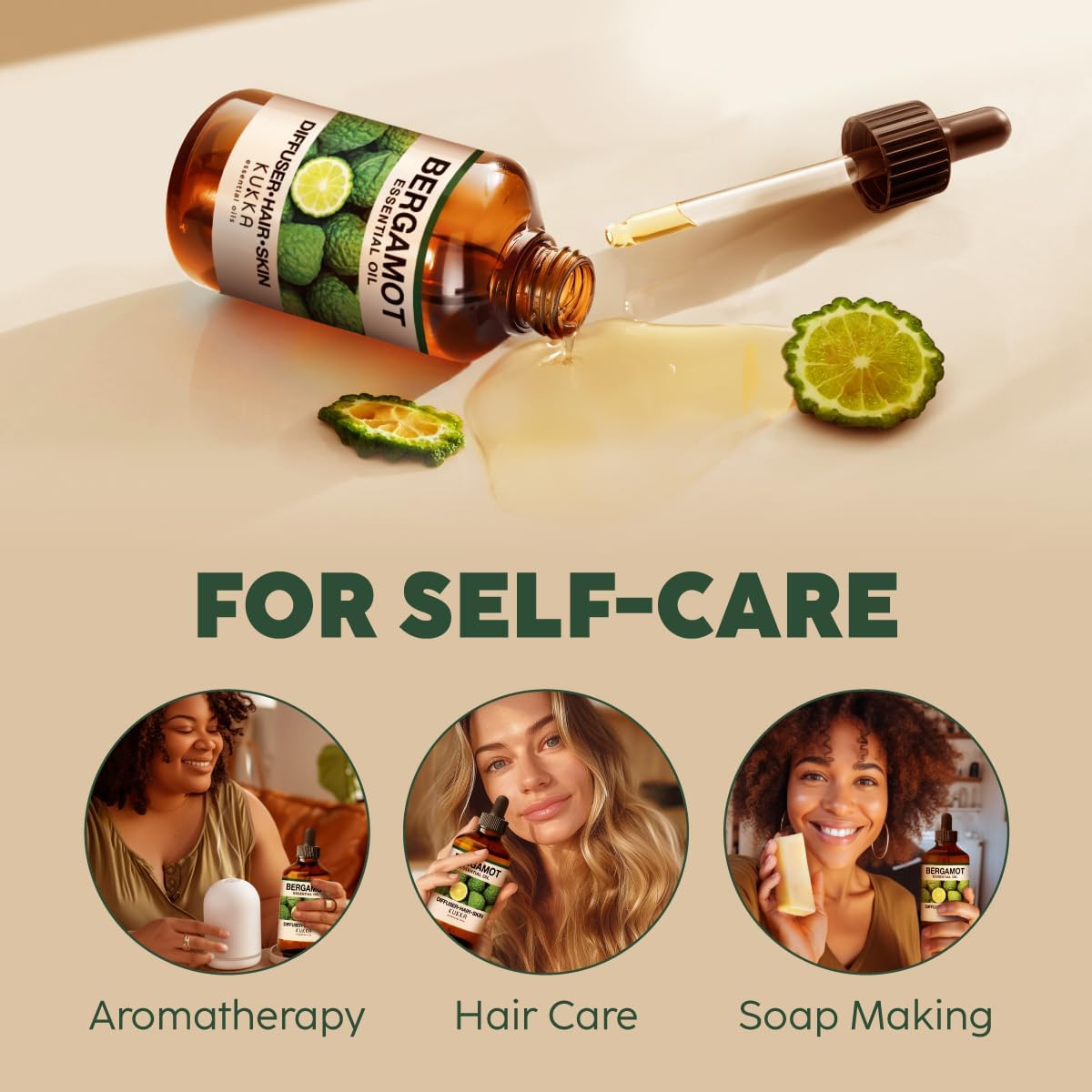 Kukka Bergamot Essential Oil for Diffuser and Skin - 4 Fl Oz - Bergamot Oil for Aromatherapy, Hair Shampoo, Bath Bomb, DIY Soap Making Scents