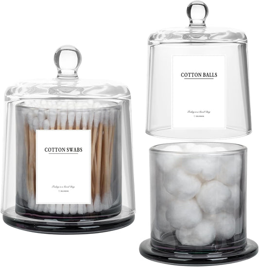 rejomiik 2 Pack Qtip Holder Thick Glass Apothecary Jars with Lid for Bathroom Accessories Vanity Organizers and Makeup Storage for Cotton Ball, Swabs, Makeup Sponges, Candy, Jewelry, Grey