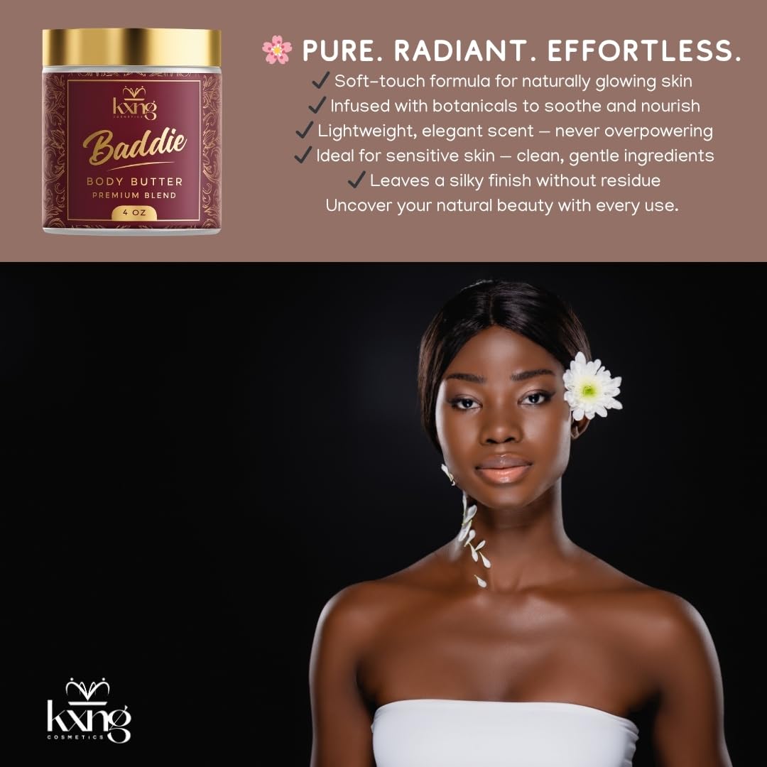 KXNG Cosmetics, Body Butter, Organic Skin Care for Men and Women, Body Moisturizer Lotions and Creams, Raw Shea Butter, Cocoa Butter, Mango, Coconut Oil, Hand, Foot, All Skin Types (Baddie)