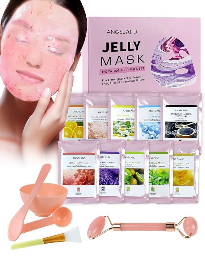 Jelly Mask for Facials Professional Natural Gel Masks - 10 Flavors Hydrating & Moisturizing Jelly Face Masks, Rose Hyaluronic Acid 24K Gold VC, Jelly Facial Mask with Jade Roller & Spatula Spa Use