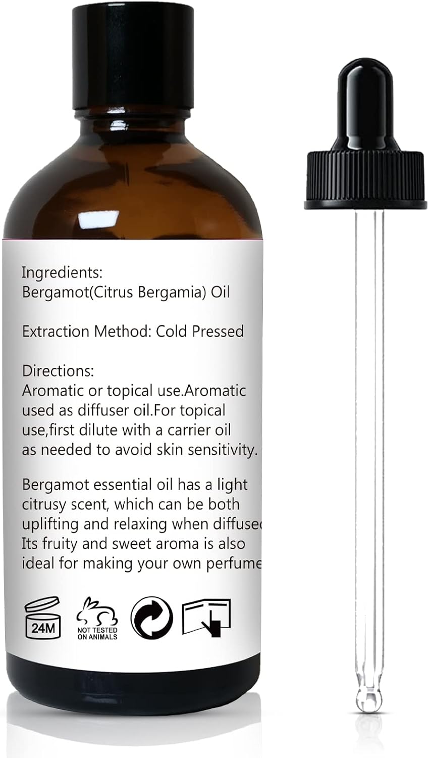 Pure Bergamot Essential Oil for Diffuser, 100% Pure Undiluted - 3.38 Fl Oz 100ml