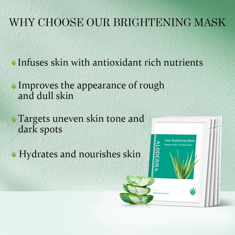 Aloderma Brightening Sheet Masks with 88% Organic Aloe Vera - 5 Pack Facial Masks with Niacinamide, Arginine for Radiant Skin - Evens Skin Tone & Revitalizes Rough, Dull Skin - Aloe Face Mask Sheet