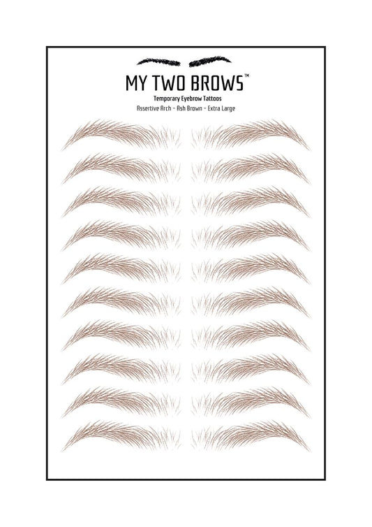 (10 pairs) Ash Brown Temporary Eyebrow Tattoo - Extra Large Size - Waterproof & Smudgeproof - Assertive Arch Style Eyebrow Stickers - Sheet Lasts up to 30 Days - Won't Work on Existing Brows