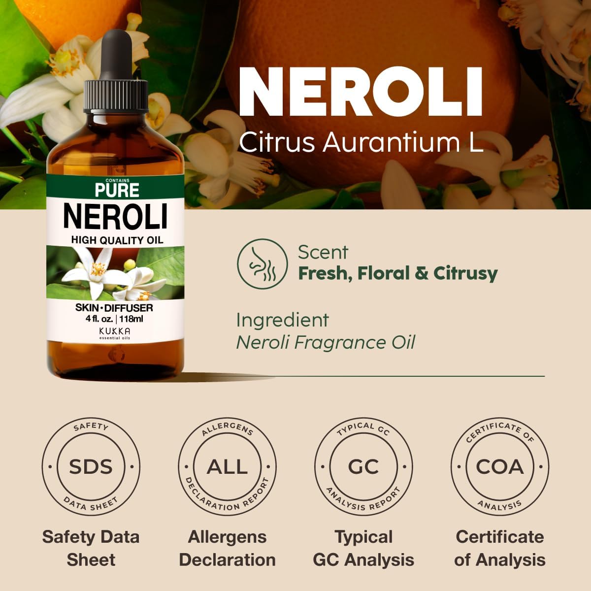 Kukka Neroli Essential Oil for Diffuser Skin - 4 Fl Oz - Neroli Oil, Floral Scent, for Aromatherapy, Candle, Bath Bomb, DIY Soap Making Scents