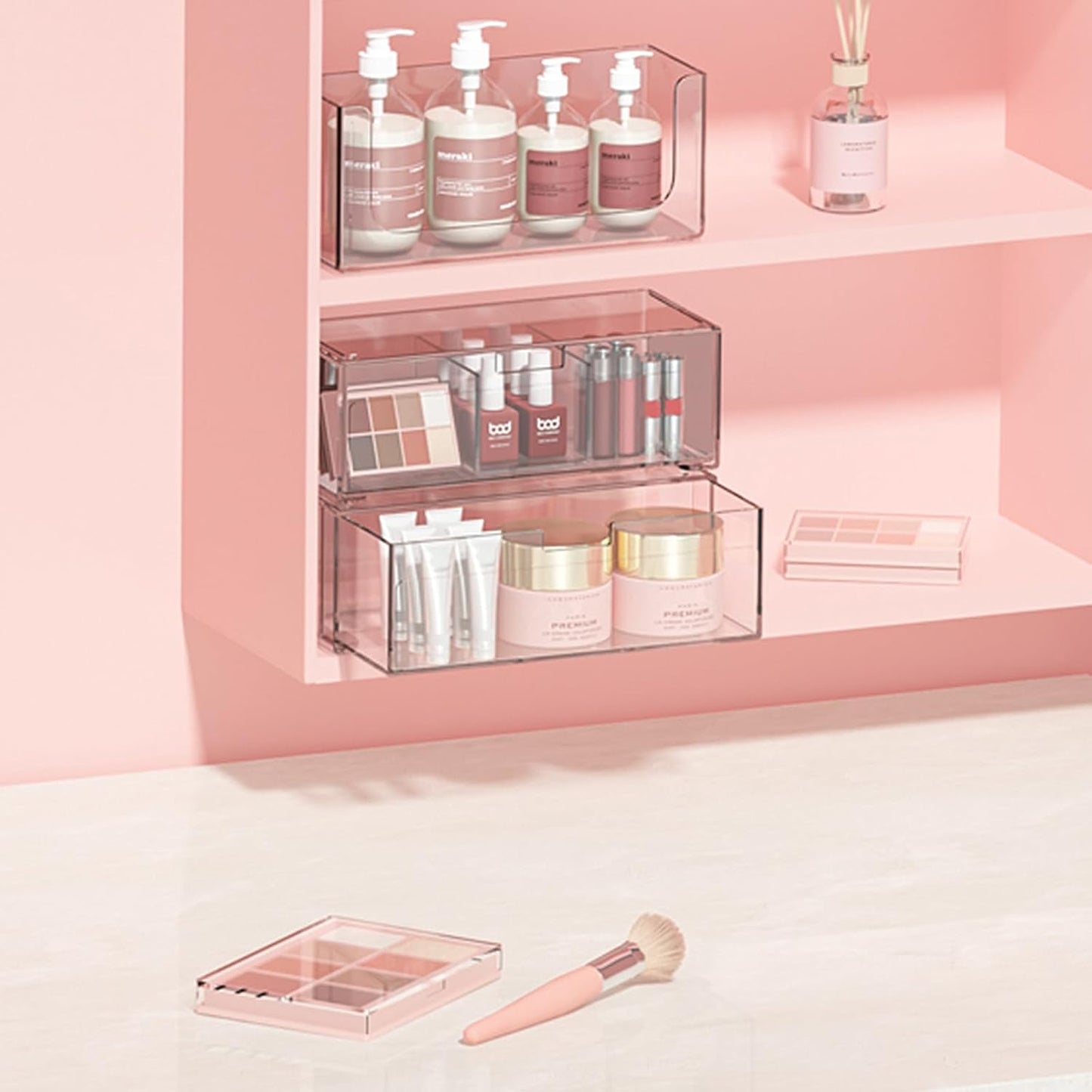 Stackable Storage Drawers Bathroom Drawer Organizer Clear Plastic Storage Bins Medicine Cabinet Organizer Makeup Organizers w Removable Divider Home Workspace Office Desktop Vanity Gift Idea 1Pack