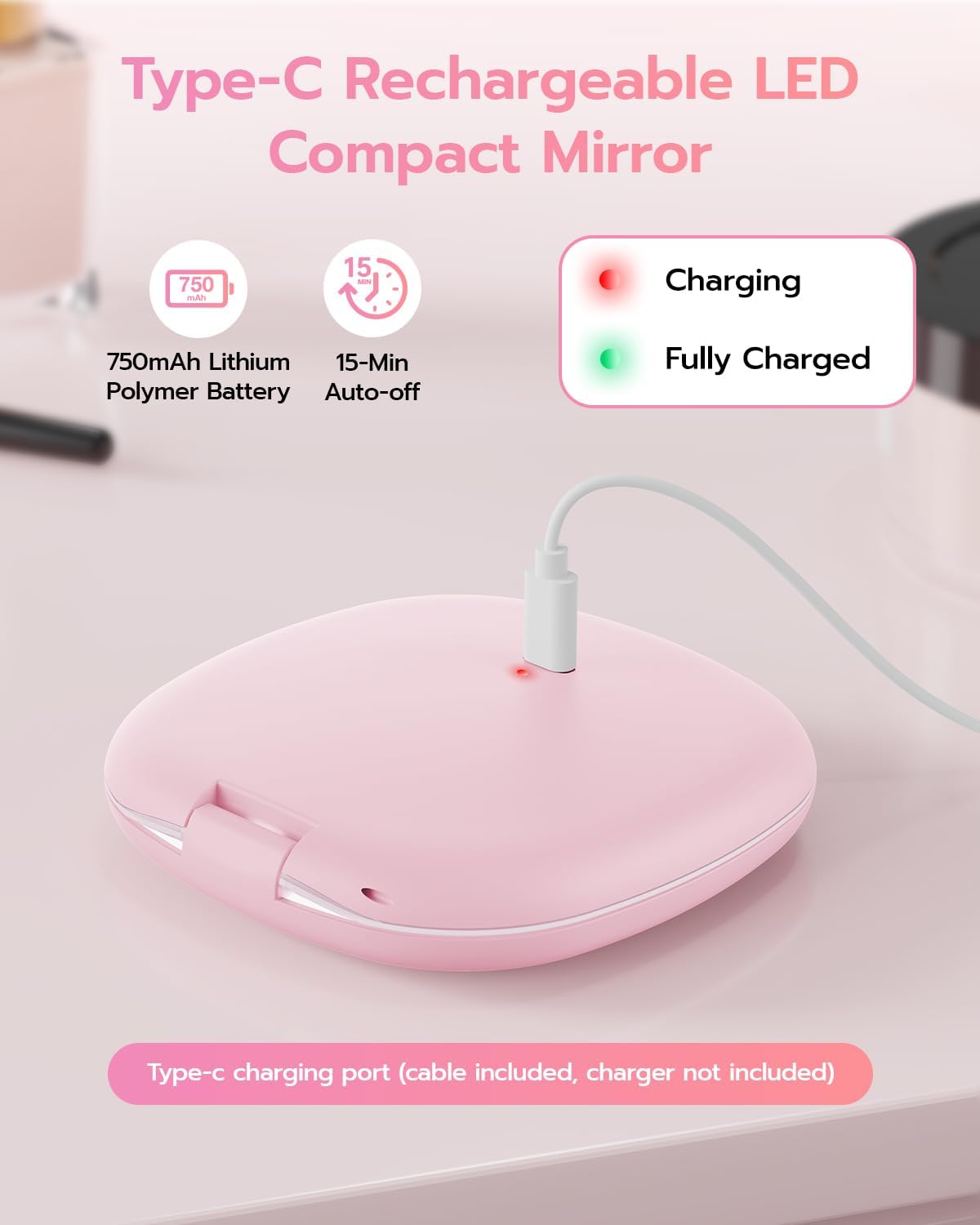 Benbilry 3.9" Rechargeable Compact Makeup Mirror with 3 Light Colors and Magnification 1X / 10X, Double Light Strip Dimmable Small LED Travel Mirror for Purse, Light Pink