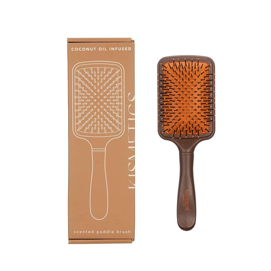 Coconut Oil Infused HAIR BRUSH, Scented Paddle Brush, for Gentle Detangling, Scalp Massage or Blow-dry. For All Hair Types. Brown